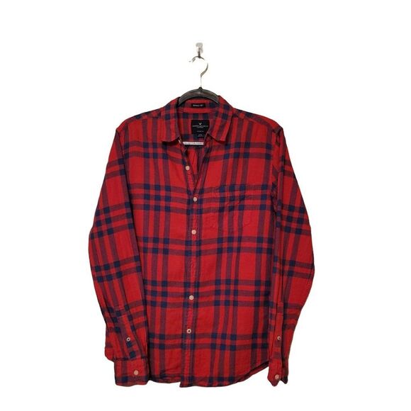 American Eagle Mens Shirt Red S  Button Up Super Soft Plaid Flannel - Picture 7 of 7
